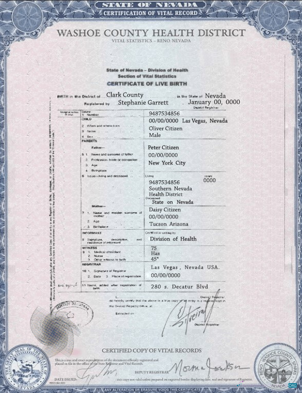 Download USA Nevada state birth certificate template in PSD format Photoshop template